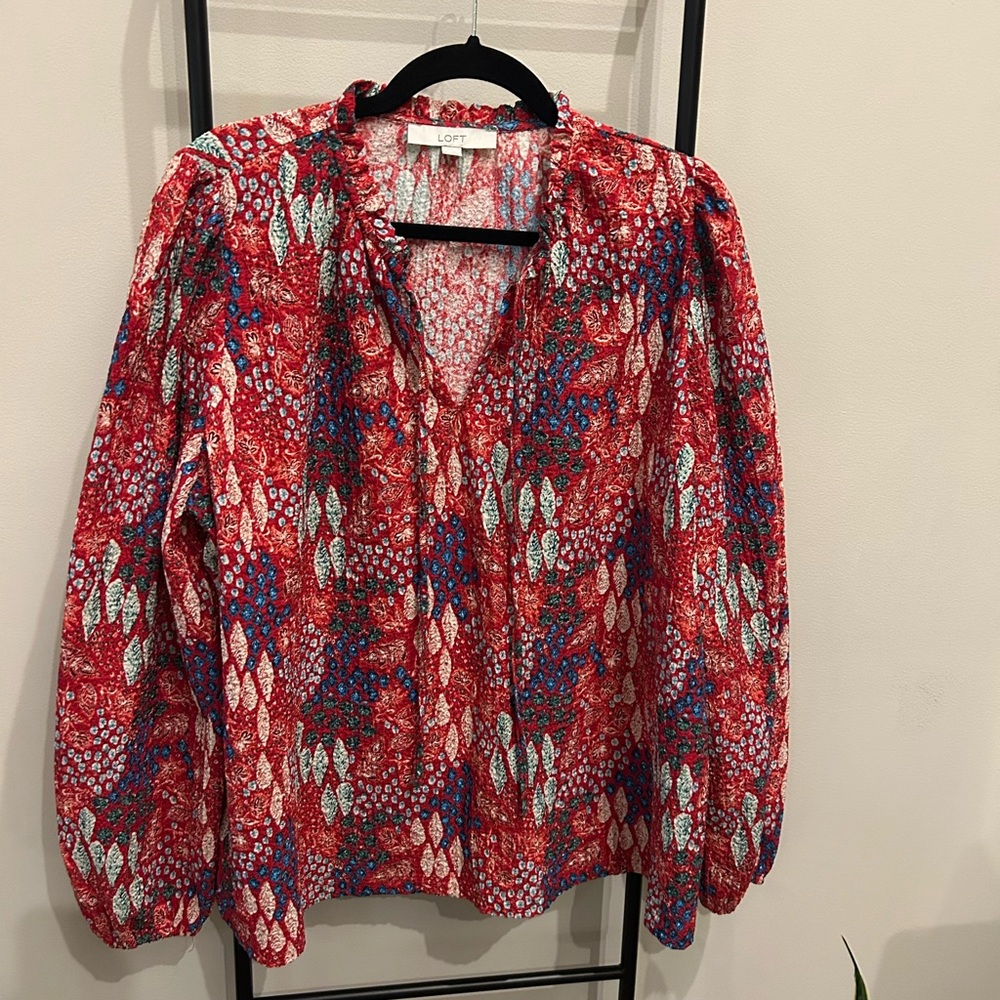 LOFT Vibrant Red and Blue Blouse